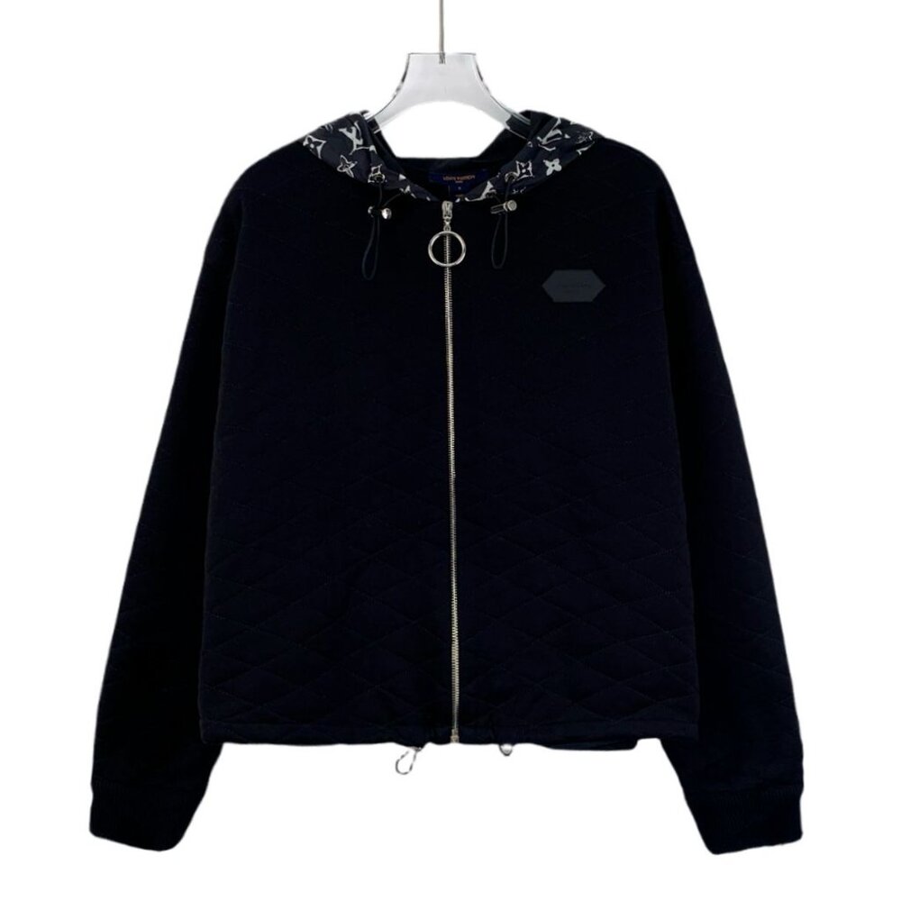 DW0200 Louis Vuitton Black Quilted Hoodie Jacket With Monogram Hood & Zip Closur